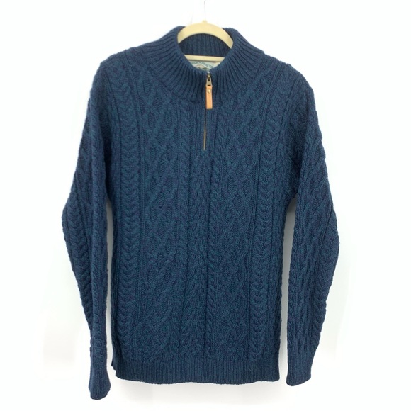 Aran Crafts Men Size Large Sweater 1/4 Zip Pullover Blue Merino Wool Cable Knit - Picture 2 of 11